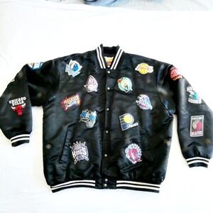 VINTAGE Jeff Hamilton NBA Patchwork Satin Bomber Jacket SZ XXL